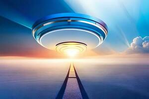 un extraterrestre en volant plus de une route à le coucher du soleil. généré par ai photo