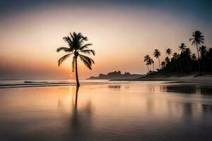 une seul paume arbre des stands sur le plage à le coucher du soleil. généré par ai photo