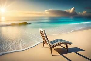 une chaise est assis sur le plage à le coucher du soleil. généré par ai photo