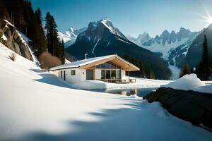 une cabine dans le montagnes avec neige sur le sol. généré par ai photo