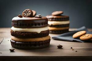 Chocolat biscuits et crème sandwich sur une en bois tableau. généré par ai photo