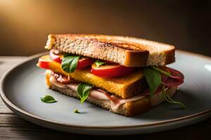 une grillé sandwich avec tomates, fromage et épinard. généré par ai photo