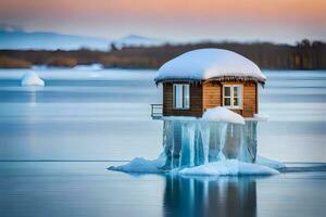 une petit maison est assis sur Haut de un la glace couvert lac. généré par ai photo