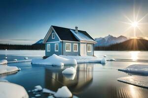 une petit maison est assis sur un la glace banquise dans le milieu de une lac. généré par ai photo