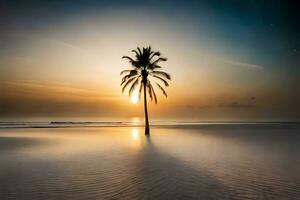 une seul paume arbre des stands sur le plage à le coucher du soleil. généré par ai photo