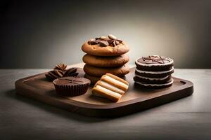 une en bois plateau avec divers les types de biscuits. généré par ai photo