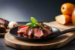 une assiette de Viande avec des légumes et pain. généré par ai photo