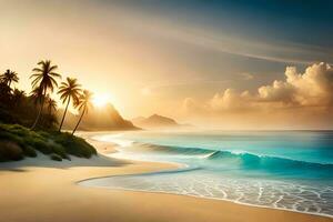 tropical plage avec paume des arbres et vagues à le coucher du soleil. généré par ai photo