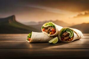 burritos avec Viande et des légumes sur une en bois tableau. généré par ai photo