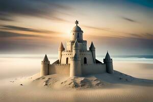 une le sable Château est montré dans le milieu de le désert. généré par ai photo