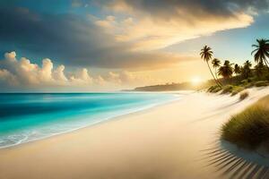 tropical plage avec paume des arbres et le sable dunes à le coucher du soleil. généré par ai photo