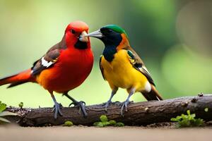 deux coloré des oiseaux permanent sur une branche. généré par ai photo