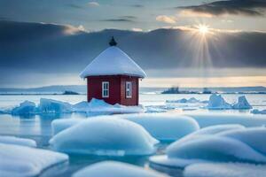 une rouge maison est assis sur Haut de la glace dans le océan. généré par ai photo