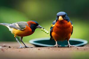 deux coloré des oiseaux en mangeant de une bol. généré par ai photo