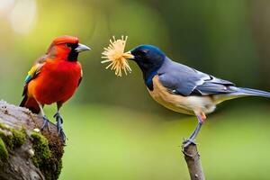 deux coloré des oiseaux permanent sur une branche avec une fleur. généré par ai photo