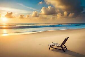 une chaise est assis sur le plage à le coucher du soleil. généré par ai photo