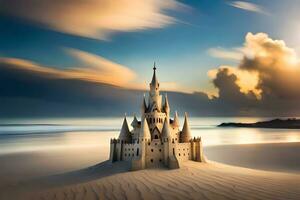 une Château sur le plage à le coucher du soleil. généré par ai photo