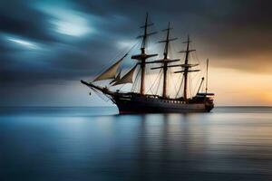 une voile navire dans le océan à le coucher du soleil. généré par ai photo