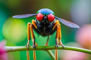 une proche en haut de une mouche avec rouge yeux. généré par ai photo