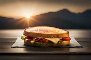 une sandwich avec fromage et tomates sur une en bois tableau. généré par ai photo