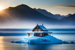 une petit maison sur un iceberg dans le milieu de le océan. généré par ai photo