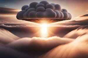 un extraterrestre vaisseau spatial est en volant plus de des nuages. généré par ai photo