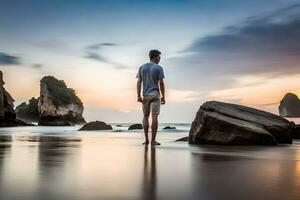 une homme permanent sur le plage à le coucher du soleil. généré par ai photo