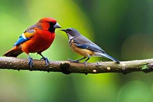 deux coloré des oiseaux séance sur une branche. généré par ai photo