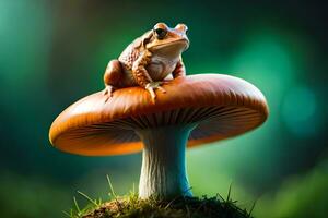 une grenouille est assis sur Haut de une champignon. généré par ai photo