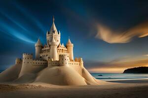 une Château fabriqué en dehors de le sable sur le plage. généré par ai photo