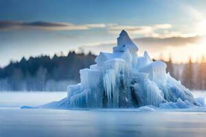 la glace Château dans le milieu de le lac. généré par ai photo