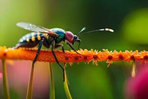 une proche en haut de une mouche sur une fleur. généré par ai photo