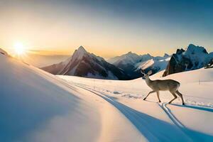 une cerf est en marchant à travers une neigeux Montagne à le coucher du soleil. généré par ai photo