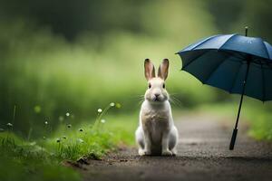 une lapin est séance en dessous de un parapluie. généré par ai photo