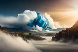 une bleu sphère flottant dans le des nuages au dessus une Montagne. généré par ai photo