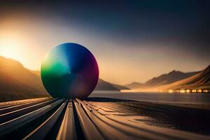 une Balle séance sur le sol avec une le coucher du soleil dans le Contexte. généré par ai photo