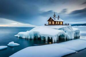 une petit maison est assis sur un iceberg dans le milieu de le océan. généré par ai photo