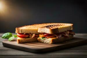 une grillé sandwich avec jambon, tomates et fromage sur une en bois Coupe planche. généré par ai photo