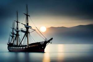 une voile navire dans le océan à le coucher du soleil. généré par ai photo