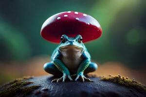 une grenouille avec une rouge champignon sur ses diriger. généré par ai photo