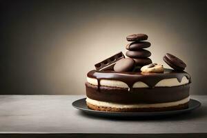 une Chocolat gâteau avec biscuits et crème sur Haut. généré par ai photo