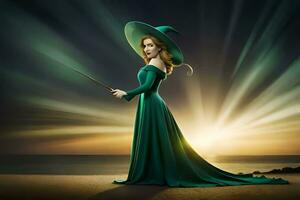 une femme dans une vert robe en portant une baguette magique. généré par ai photo