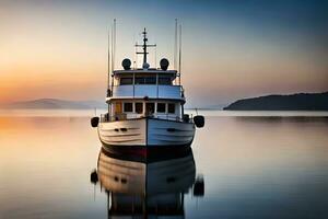 une bateau est amarré à le coucher du soleil sur une calme lac. généré par ai photo