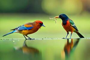 deux coloré des oiseaux permanent sur le bord de une étang. généré par ai photo