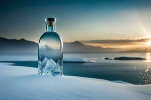 une bouteille de Vodka est séance sur le neige. généré par ai photo