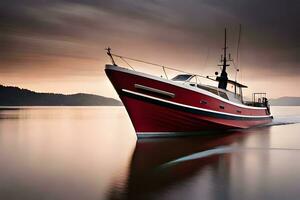 une rouge et blanc bateau est voile sur le l'eau. généré par ai photo