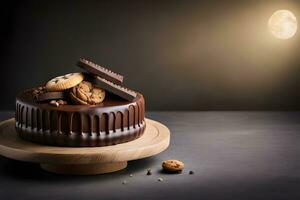 Chocolat gâteau avec biscuits et Chocolat sur une en bois rester. généré par ai photo