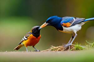 une paire de des oiseaux permanent suivant à chaque autre. généré par ai photo