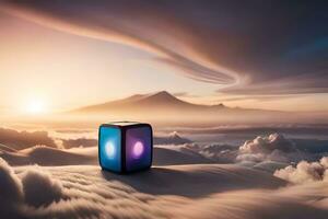 une cube séance sur Haut de une Montagne avec des nuages dans le Contexte. généré par ai photo