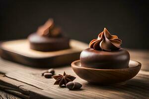 Chocolat desserts sur en bois table avec étoile anis. généré par ai photo